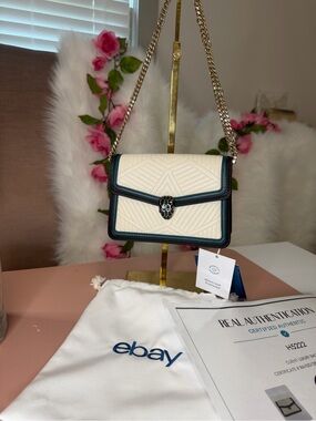 Bvlgari Serpenti Forever Flap Bag Ivory Quilted Leather w/ Teal & Black Trim COA
